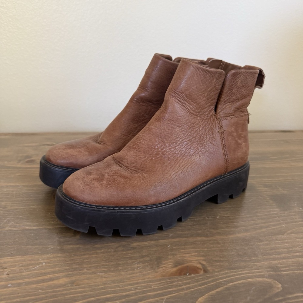 Franco Sarto Womens 6.5M Camel Brown Leather Billie Lug Sole Ankle Boots Shoes